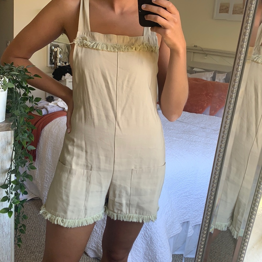 Beige Romper, Fringe, Open Back, Ties on Shoulder